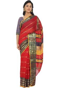 Red Woven Cotton
 Saree With Blouse