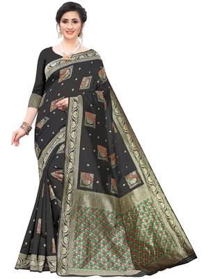 Black Woven Cotton Silk Saree With Blouse 1