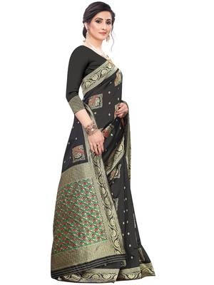 Black Woven Cotton Silk Saree With Blouse 3