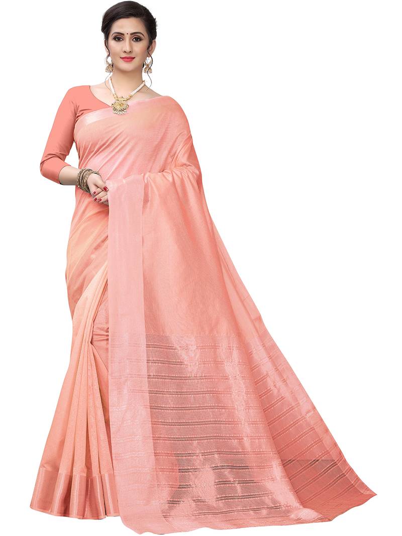 Peach woven cotton silk saree with blouse