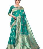 Teal
 Woven Cotton Saree With Blouse