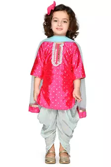 Fuchsia Kurta with Lace Work & Foil Printed Dhoti With Dupatta