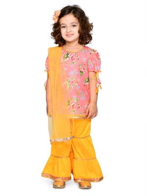 Girls Cotton Floral Peach Kurta with Tassels & Lace Detailing with sharara & Dupatta 1