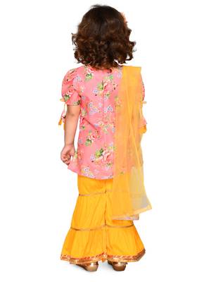 Girls Cotton Floral Peach Kurta with Tassels & Lace Detailing with sharara & Dupatta 2