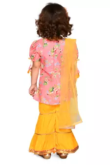 Girls Cotton Floral Peach Kurta with Tassels & Lace Detailing with sharara & Dupatta