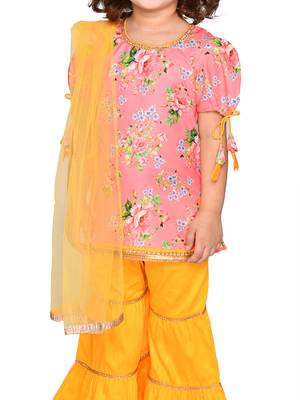 Girls Cotton Floral Peach Kurta with Tassels & Lace Detailing with sharara & Dupatta 3