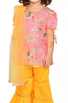 Girls Cotton Floral Peach Kurta with Tassels & Lace Detailing with sharara & Dupatta
