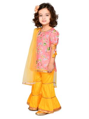 Girls Cotton Floral Peach Kurta with Tassels & Lace Detailing with sharara & Dupatta 4