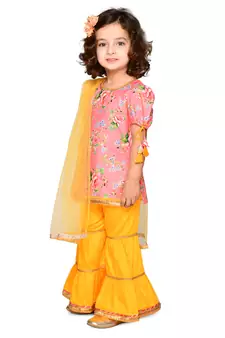 Girls Cotton Floral Peach Kurta with Tassels & Lace Detailing with sharara & Dupatta