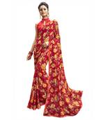 Red printed pure chiffon saree with blouse