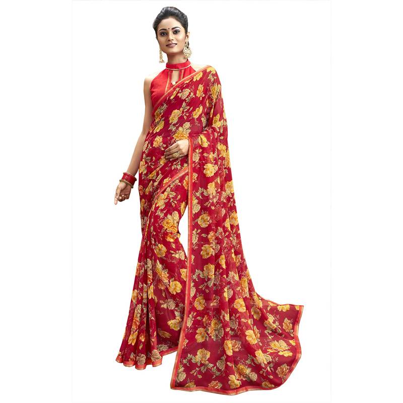 Red printed pure chiffon saree with blouse