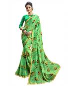 Green printed pure chiffon saree with blouse