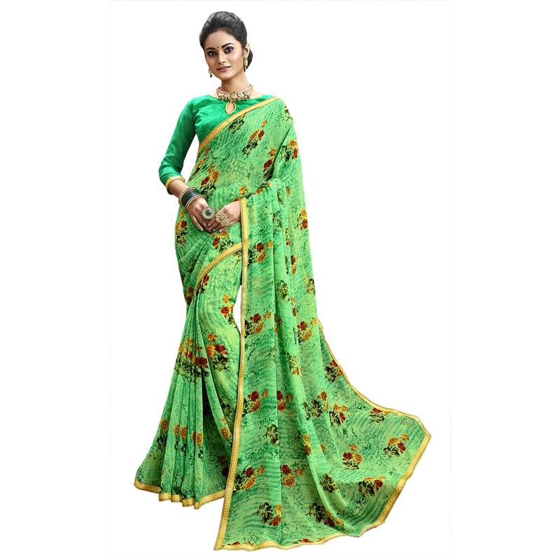 Green printed pure chiffon saree with blouse