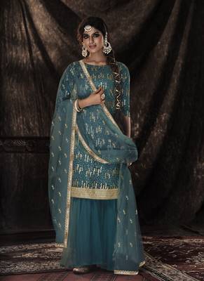 Dark Firozi Color Salwar kameez With Soft Net Dupatta Set 1