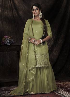 Parrot color Soft Net Sequins Work Salwar kameez With Dupatta Set 1