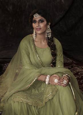 Parrot color Soft Net Sequins Work Salwar kameez With Dupatta Set 3