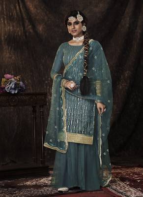 Dark Firozi Soft Net Salwar kameez With Dupatta 1