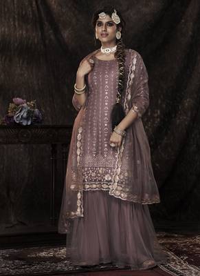 Lilac Color Sequins Work Soft Net Salwar Kameez With Dupatta Set 1