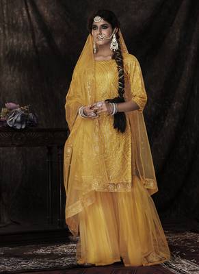 Mustard Net Salwar Kameez Dupatta Set 1
