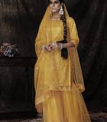 Mustard Net Salwar Kameez Dupatta Set