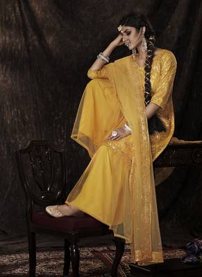 Mustard Net Salwar Kameez Dupatta Set 3