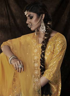 Mustard Net Salwar Kameez Dupatta Set 4