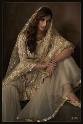 Dusky Beige Color Sequins & Zari Work Salwar Kameez Dupatta Set 1