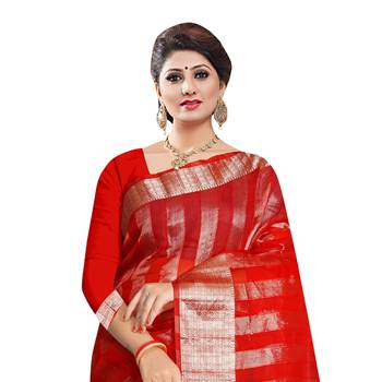 Red woven organza saree with blouse 2