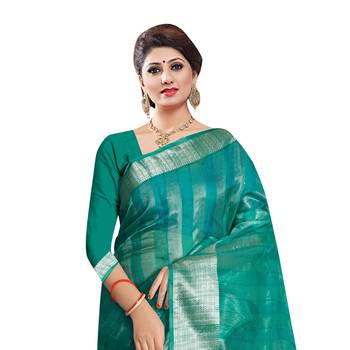 Teal woven organza saree with blouse 2