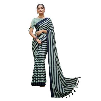 Turquoise printed pure chiffon saree with blouse 1