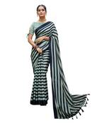 Turquoise printed pure chiffon saree with blouse