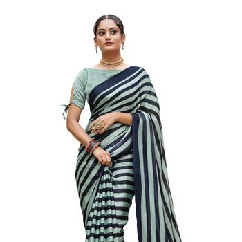 Turquoise printed pure chiffon saree with blouse 2