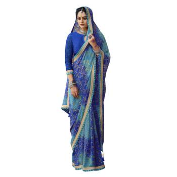 Blue printed pure georgette saree with blouse 1