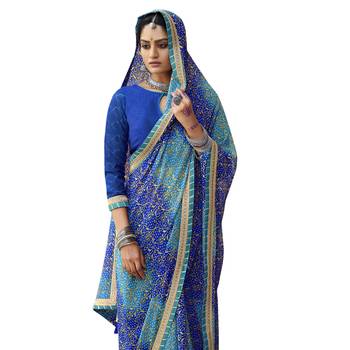 Blue printed pure georgette saree with blouse 2