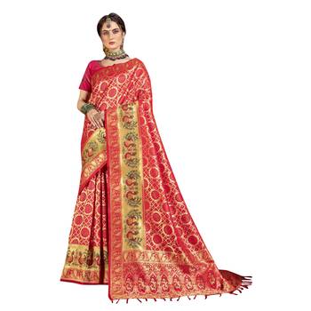 Pink woven silk blend saree with blouse 1