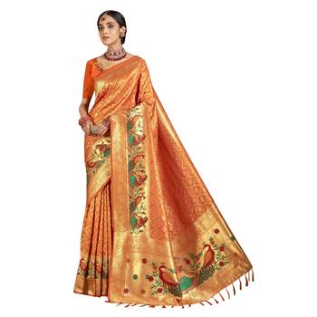 Orange woven silk blend saree with blouse 1