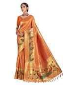 Orange woven silk blend saree with blouse