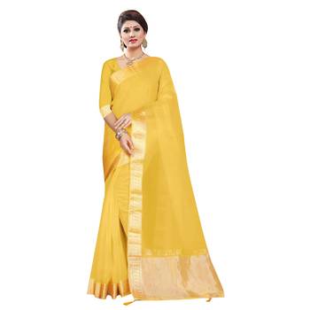 Yellow plain organza saree with blouse 1