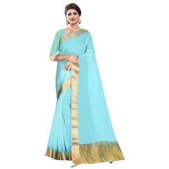 Sky blue plain organza saree with blouse 1