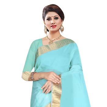 Sky blue plain organza saree with blouse 2