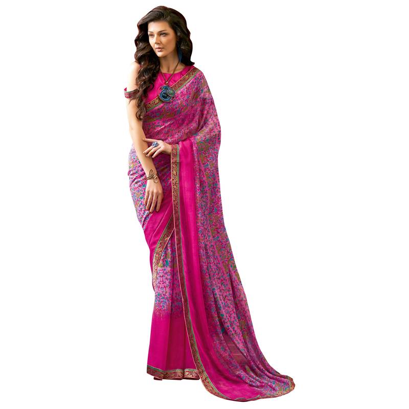Light pink printed pure chiffon saree with blouse