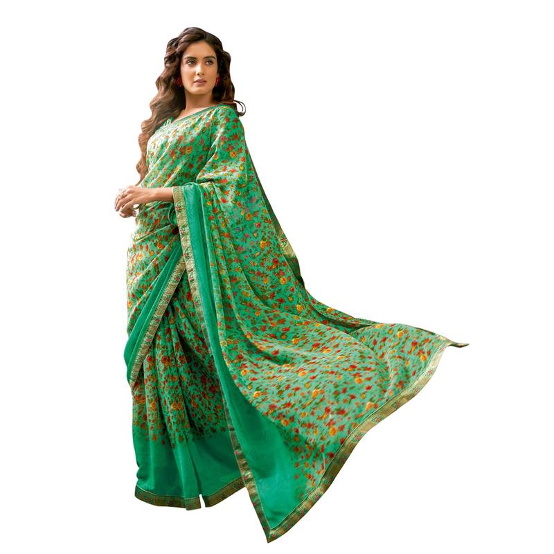 Light green printed pure chiffon saree with blouse