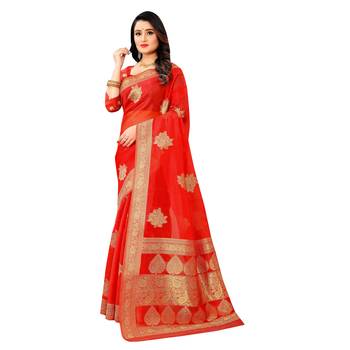 Red woven organza saree with blouse 1