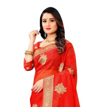 Red woven organza saree with blouse 2
