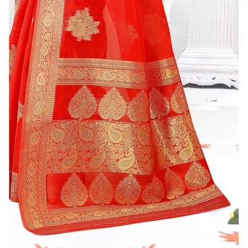 Red woven organza saree with blouse 3