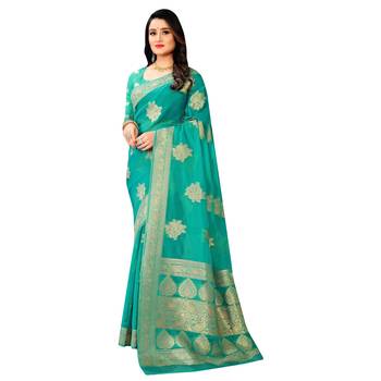 Turquoise woven organza saree with blouse 1