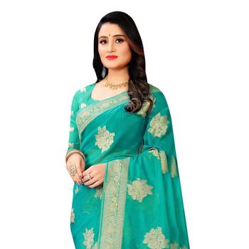 Turquoise woven organza saree with blouse 2