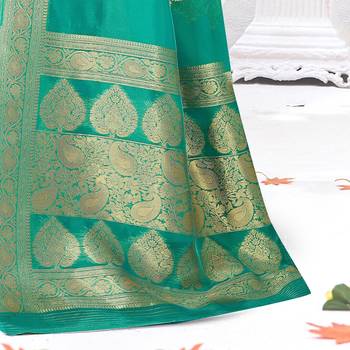 Turquoise woven organza saree with blouse 3