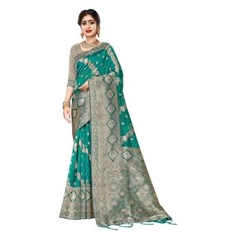 Teal woven organza saree with blouse 1
