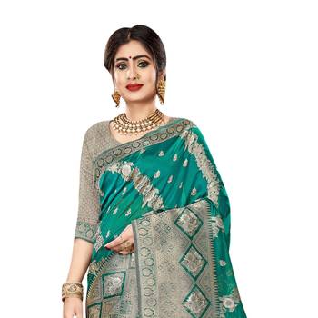 Teal woven organza saree with blouse 2